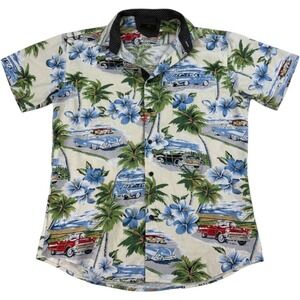 BC Collection Mens Tropical Hawaiian Shirt Large Classic Cars Palm Trees Floral